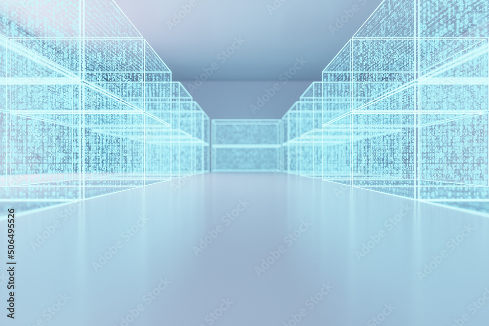 Poster Virtual reality cyberspace environment concept with data storage visualization in abstract hall. 3D rendering