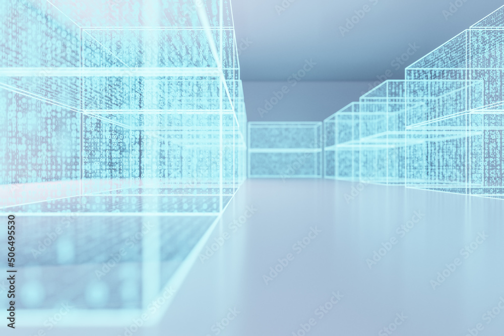 Aufkleber Abstract technology background with data storage visualization in abstract hall, virtual reality and cyberspace concept. 3D rendering
