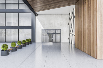 Modern entrance group of stylish business center outdoor with wooden benches, green trees in black floor vases and wooden wall decoration. 3D rendering