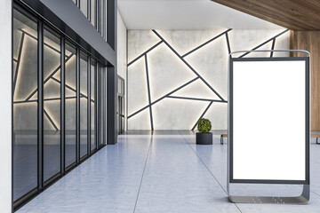 Street advertisement concept with blank white billboard before stylish entrance group of modern business center with glowing decoration on concrete wall and glossy floor. 3D rendering, mockup