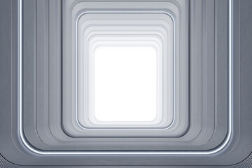 Abstract futuristic design tunnel from silver metal material and bright light exit at the end. 3D rendering