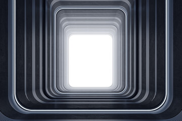 Time tunnel concept with futuristic style teleport and bright white light in the end. 3D rendering