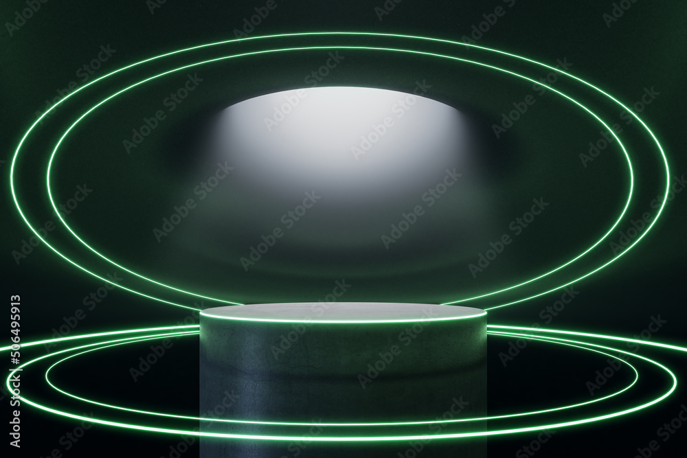 Poster Blank dark round concrete stage for presentation surrounded by neon green circles illuminated by light from top in futuristic style hall. 3D rendering, mockup