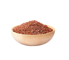 Raw red rice in a wooden bowl isolated on white background.