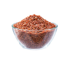 red rice in a clear glass bowl isolated on white background.
