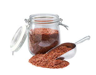 red rice in metal scoop and  in glass storage jar isolated on white background.