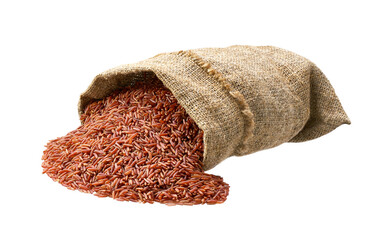 Organic red rice in sack isolated on white background. Grains are scattered out of the bag.