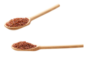 wooden spoon with red rice isolated on white background.