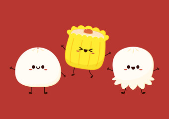 Dim sum character design. Chinese food cartoon vector. Bao or Steam bun. Siu Mai (Shumai) – Chinese steamed dumplings. Siu Mai is Chinese food