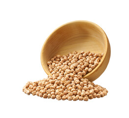 Grains chickpeas are scattered out of the wooden bowl.