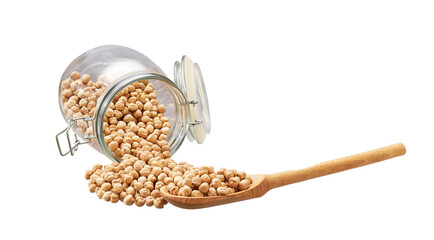 chickpea seeds in wooden scoop and  in glass storage jar isolated on white background.