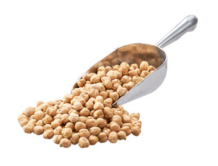 Small metal spoon or scoop with chickpeas seen isolated on white background.