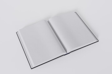 Mockup of a rectangular open book with a blank glossy, black cover on white background. Isolated with clipping path.
