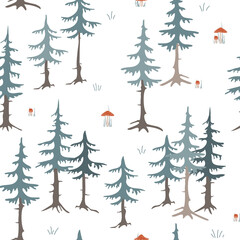 Obraz premium Trees and fly aragic mushrooms seamless pattern. Stylish forest background, vector illustration