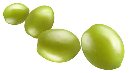 Flying green olives, isolated on white background
