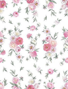 Seamless pattern with peonies. Floral vintage background. Hand drawn botanical illustration. Colored pencil bouquets.