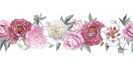 Colored pencil border with peonies on white background. Floral vintage arrangement. Hand drawn botanical illustration for greeting cards, wedding invitation cards and summer backgrounds. 