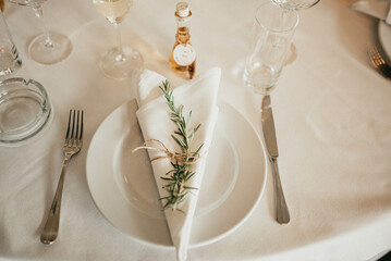 Elegant dinner table setting stock photo.