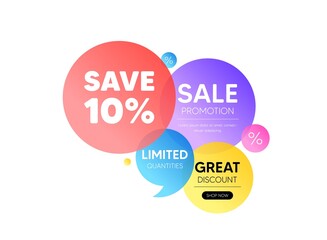 Discount offer bubble banner. Save 10 percent off tag. Sale Discount offer price sign. Special offer symbol. Promo coupon banner. Discount round tag. Quote shape element. Vector