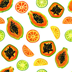 Summer fashion seamless pattern of tropical fruits. Hand-drawn papaya, orange, lime on a white background. Healthy vegan food. Textiles, fabric, swimwear, graphic design for printing