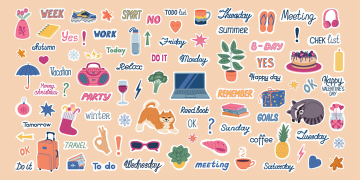 Big set of planning stickers . Cute weekly image and trendy lettering for diaries and organizers. Hand drawn vector illustration isolated on background. Flat cartoon style.