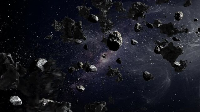 Large Asteroid Rocks Flying in space, Milky way Meteors rotating in deep space
3D rendering of deep space with massive asteroid field 

