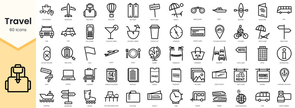 Set of travel icons. Simple line art style icons pack. Vector illustration