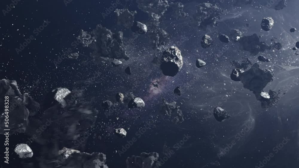 Wall mural large asteroid rocks flying in space, milky way meteors rotating in deep space 3d rendering of deep 