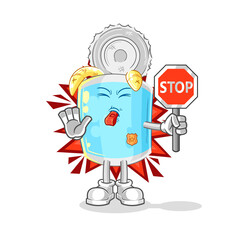canned fish holding stop sign. cartoon mascot vector