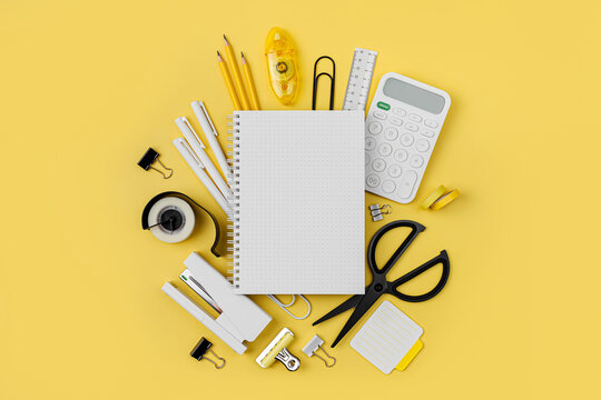 Mockup notebooks with School stationery supplies on yellow background. Concept back to school. Blank notebook with copy space