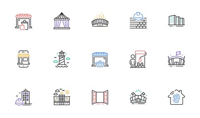 Market, Arena stadium and Lighthouse line icons for website, printing. Collection of Construction building, Painter, Online market icons. Circus tent, Open door, Hotel web elements. Vector
