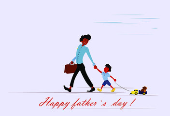 Father holding son's hand, child leads the toy truck with bear. Postcard happy father`s day. Banner, vector, flat