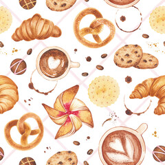 Watercolor seamless pattern with baking and coffee elements on a white background.Hand-painted with croissants, cookies, chocolate, pretzel, strawberry turntables, coffee beans. Parisian breakfast.