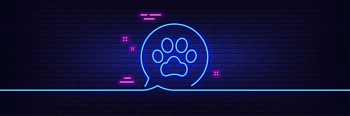 Neon light glow effect. Pets care line icon. Veterinary clinic bubble sign. Dog paw speech bubble symbol. 3d line neon glow icon. Brick wall banner. Pets care outline. Vector