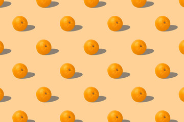 Fruit pattern of fresh oranges 3d render on yellow background. Pop art design, creative summer concept. Set. Seamless texture pattern. 3D illustration.