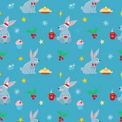 Vector pattern with cute gray rabbits, pie and hot cocoa, cartoon-style Christmas, symbol of the year, festive pattern for postcards, decoration, gift wrapping