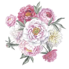 Dekokissen Colored pencil bouquet of peonies. Isolated on white background. Floral vintage arrangement. Hand drawn botanical illustration for greeting cards, wedding invitation cards and summer backgrounds.  © Anna Sm