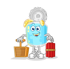 canned fish holding dynamite detonator. cartoon mascot vector