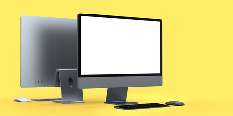 Desktop computer display with keyboard and mouse isolated on yellow background