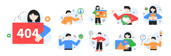 Character set with different object. Social media business scene with man and woman.