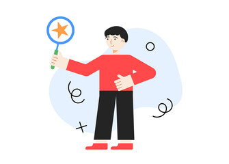 Person search answer on question. Man in blue isolated background. Vector illustration concept.