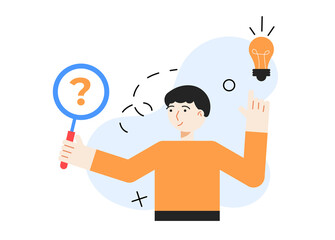 Person search answer on question. Man in blue isolated background. Vector illustration concept.