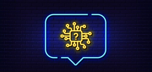 Neon light speech bubble. Artificial intelligence line icon. Support network sign. Question mark symbol. Neon light background. Artificial intelligence glow line. Brick wall banner. Vector