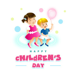 Happy children's day lettering with kids on cloud and balloons