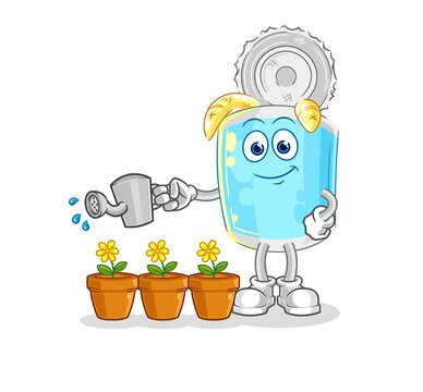 canned fish watering the flowers mascot. cartoon vector