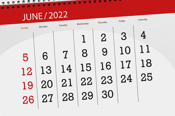 Calendar planner for the month june 2022, deadline day
