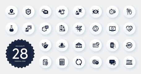 Set of Technology icons, such as Chemistry lab, Approved shield and Card flat icons. Refresh, Wallet, Attention bell web elements. Sound check, Yummy smile, Smartphone target signs. Vector