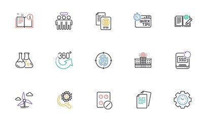 Fototapeta premium Medical tablet, Coronavirus research and 360 degrees line icons for website, printing. Collection of Quick tips, Documents, Employees group icons. Passport document, Hospital building. Vector