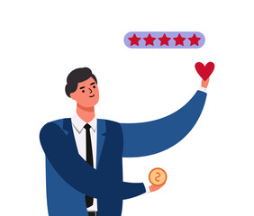 businessman earn money, likes and popularity, business illustration, media advertising, flat vector design