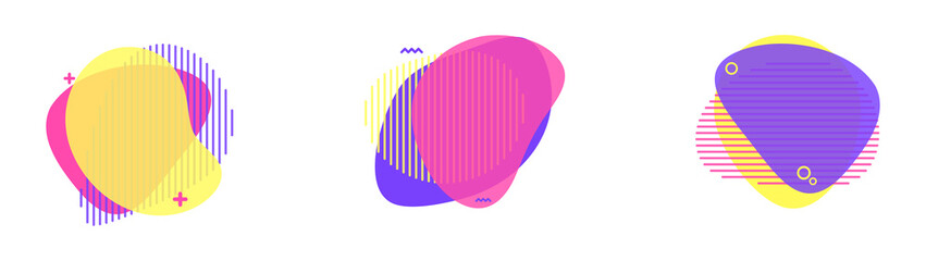 Abstract shape of aqua spots and isolated liquid drop, liquid spot of different colors and geometric shape. Set of modern abstract vector banners. Template ready for memphis style postcard design.